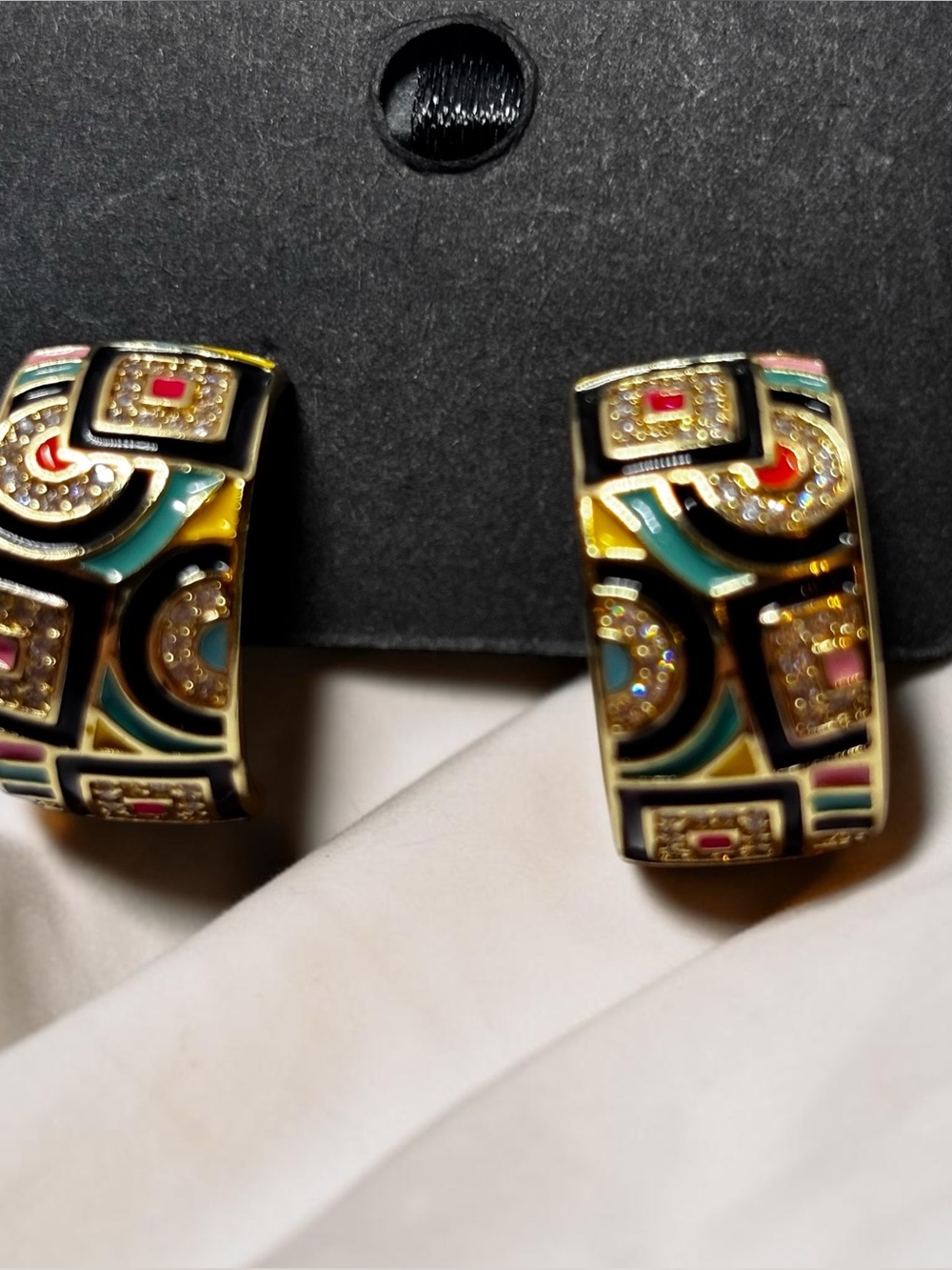 Pristine Vintage Style Geometric Enamel Rhinestone Half Hoop Earrings